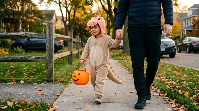 Charming halloween scene toddler in dinosaur costume trick or treating with dad on a residential street