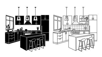 Fototapeta premium Kitchen Interior Illustration Black And White Line Art With Duplicate Views