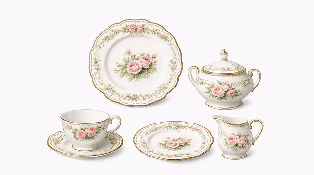 Elegant antique floral tea service set isolated on a pure white background, Vintage porcelain teacup, plates, and sugar bowl with pink roses and gold trim, Classic English fine bone china tea set 