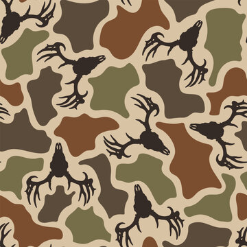 Vintage duck camo seamless pattern with whitetail deer skull silhouette hunting camouflage vector background for big game sportsman apparel and outdoor gear design