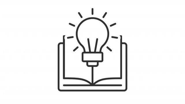 Animated book with lightbulb line icon. Knowledge animation. Education for everyone. Learning program. Student insights. Outline element on white background. HD video with alpha channel