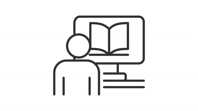 Animated student reading book on computer line icon. Remote learning animation. Online education sources. Elearning class. Outline element on white background. HD video with alpha channel