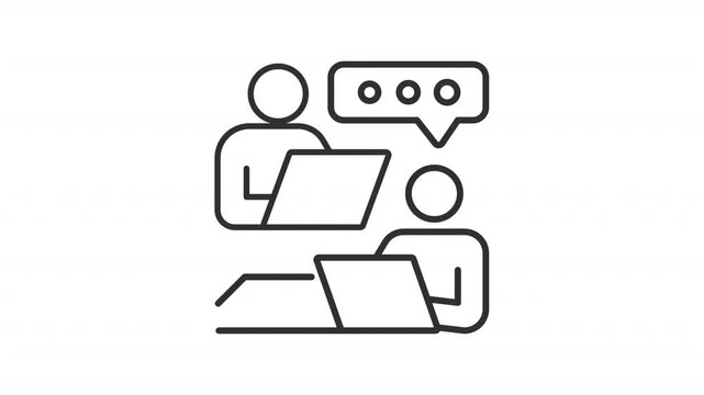 Animated remote employees communication line icon. Freelancers digital network animation. Workers with laptops talking. Outline element on white background. HD video with alpha channel