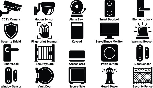 Home security system and surveillance vector silhouette icon collection featuring cctv camera motion sensor fingerprint scanner alarms lock shield gate and safeguard elements.