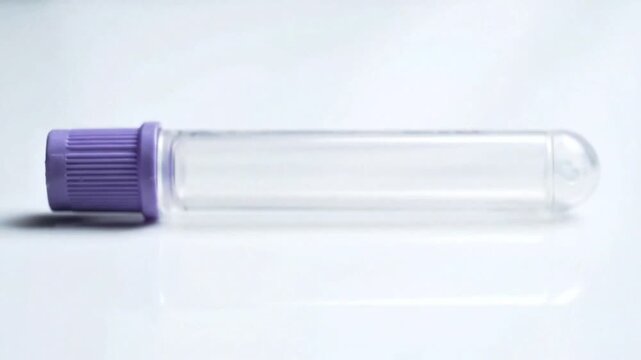 Close-up 4K footage of a single empty blood collection tube placed horizontally on a clean white surface, premium healthcare lighting, soft reflections, minimal scientific composition, macro cinematic