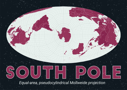 South Pole. World map. Equal-area, pseudocylindrical Mollweide projection centered to South Pole. Pale Mint Dark Pink palette. Vintage texture. Amazing vector illustration.