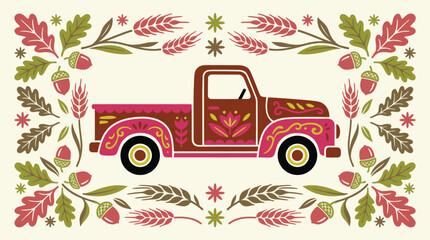 Folk art vector illustration of a decorated retro pickup truck surrounded by a symmetric autumn border frame of wheat ears, oak leaves, and acorns in a traditional Scandinavian style © GraphicGalaxy