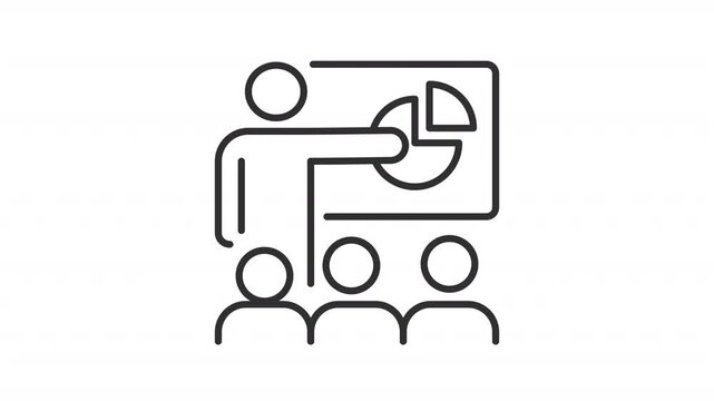 Animated manager conducting presentation line icon. Product vision animation. Team leader performing business strategy to colleagues. Outline element on white background. HD video with alpha channel