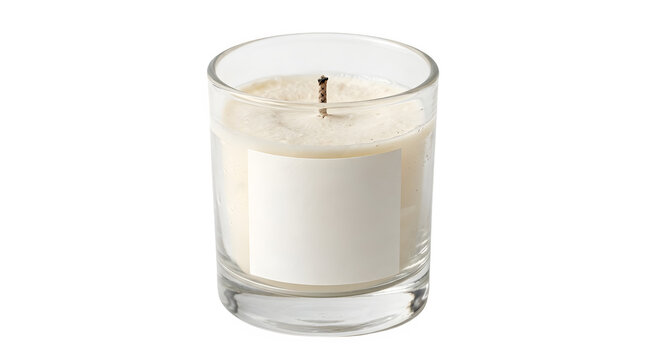 Unlit scented candle in a clear glass jar with a blank white label isolated on transparent background