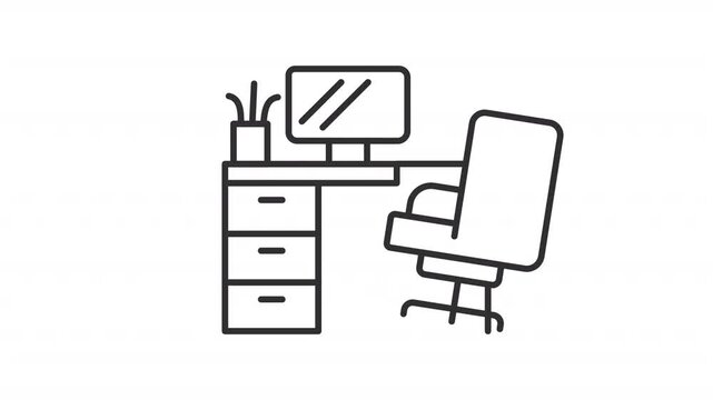 Animated arranged workplace for employee line icon. Workspace animation. Office desk with computer and chair. Furniture set. Outline element on white background. HD video with alpha channel