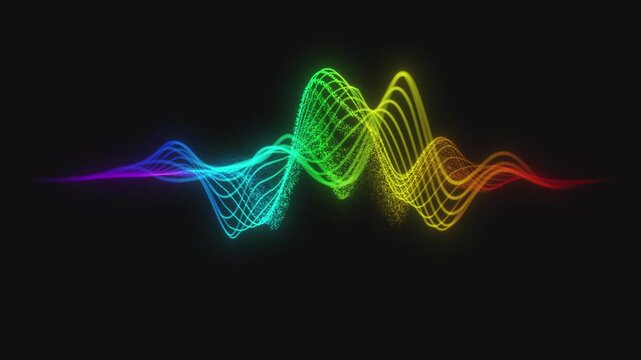 Rainbow sound wave on isolated black background. Colorful wave element with vivid hues. Vector bright liquid amplitude shape in multiple colors. Chaotic moving colored lines form dynamic curves.