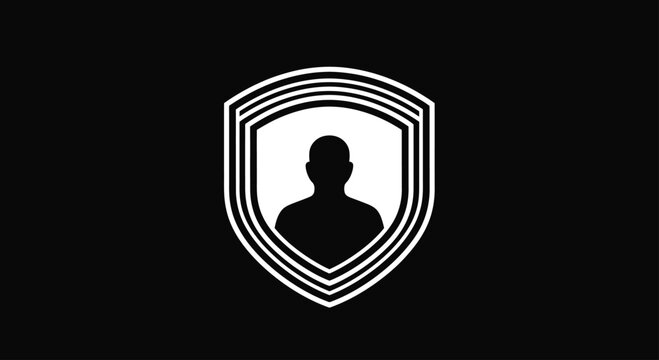 White shield icon with human profile silhouette.
