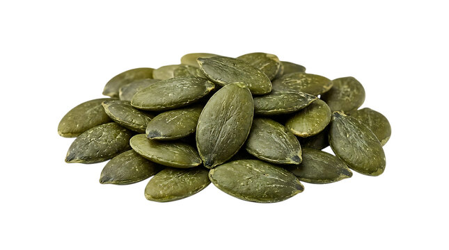 A small pile of raw green pumpkin seeds for healthy snacking and cooking ingredients isolated on transparent background