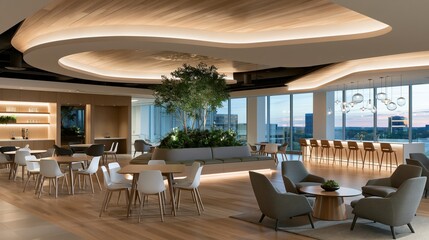 Fototapeta premium Modern office lounge with natural wood accents abundant natural light and indoor greenery during twilight