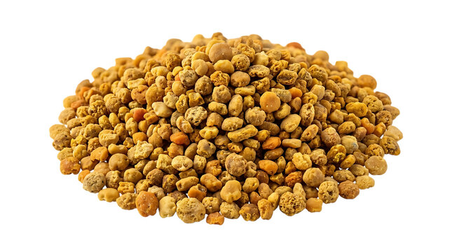 A small pile of natural organic yellow bee pollen granules for healthy nutrition and diet isolated on transparent background