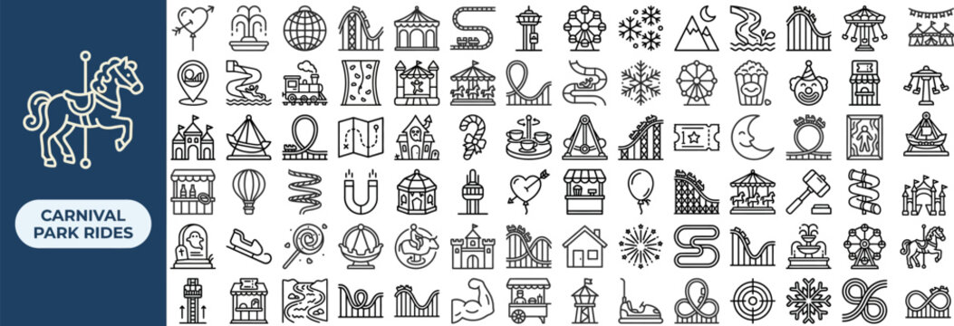 Carnival park outline icon set. Featuring ferris wheel, carousel, circus tent, roller coaster, and ticket symbols. Editable stroke vector icons for amusement attractions and event guides.