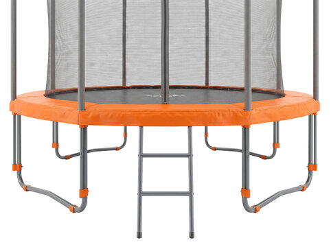 Trampoline with safety enclosure net, orange protective padding, and metal climbing ladder, isolated on a black background for backyard family fun, active outdoor recreation, and youth fitness play.