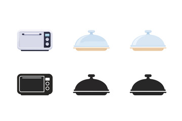 Kitchen equipment set featuring a microwave oven and food serving domes in flat and silhouette style isolated on white background © Joybeee
