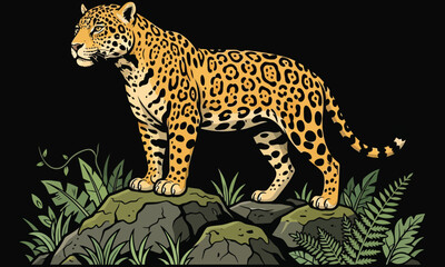 Fototapeta premium Jaguar standing on rocks in jungle vector illustration