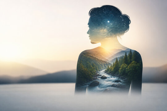 A silhouette of a woman's profile against a bright sunrise over a misty, mountainous landscape with a starry sky within her silhouette.