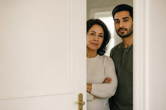 A middle-aged woman and a young man are standing in an interior doorway.
