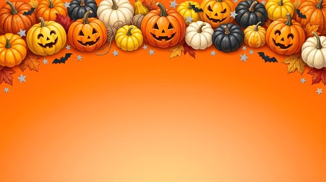 Festive halloween pumpkin patch border autumnal jack o' lanterns leaves and bats for spooky season celebrations