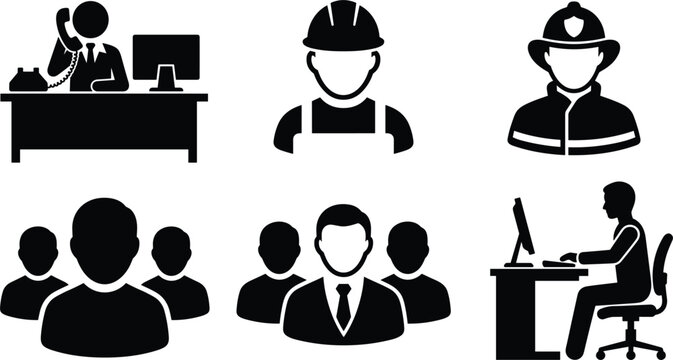 Professional avatar and workplace vector silhouette icon set featuring businessman office desk computer builder firefighter team group and employee characters.