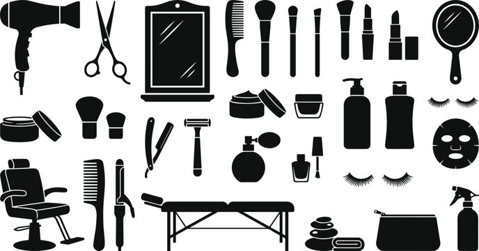 Salon and beauty vector silhouette icon set featuring hairdryer scissors mirror makeup brushes lipstick barber chair massage table and cosmetics products collection.