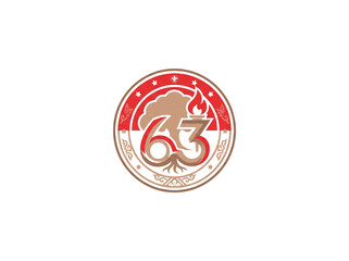 Circular anniversary emblem featuring the number sixty three with an integrated tree and torch graphic design element rendered in red and brown colors for celebratory events presented on transparent b © Adeel