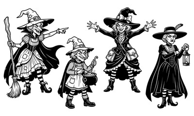 Fototapeta premium Set of hand drawn black and white witch characters for Halloween projects and spooky designs