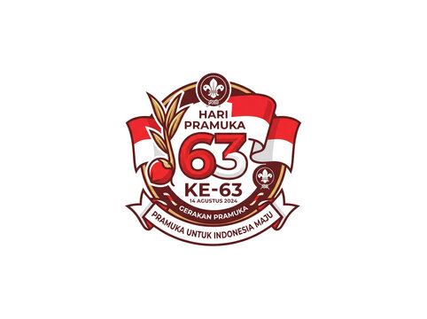 indonesia, scout, pramuka, movement, anniversary, emblem, badge, logo, celebration, sixty, three, flag, red, white, coconut, sprout, typography, patriotic, national, unity, graphic, vector, illustrati