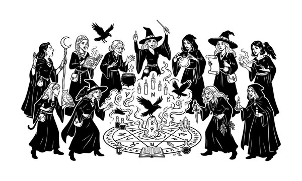 Black and white illustration of a coven of witches performing a ritual around a magic circle