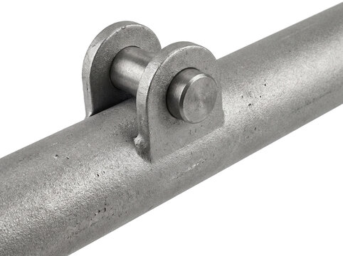 Metal pipe hinge pin joint heavy industrial connector bracket isolated on black. Steel clevis mount attachment component for mechanical machinery and structural engineering construction hardware.