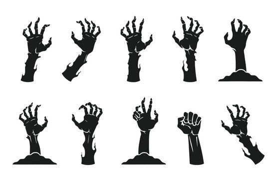 Zombie hands silhouette set, spooky monster and undead arms reaching out vector collection.
