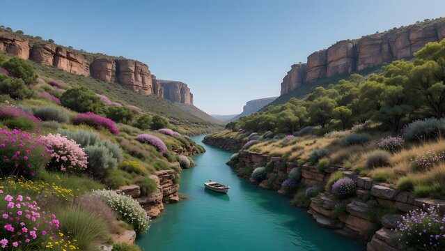 a boat floating on turquoise water between lush canyon cliffs under a clear blue sky, flowering shrubs, native grasses and woodland edges forming an uninterrupted pollinator landscape across the canyo