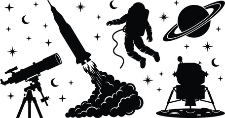 Space exploration icons set featuring black silhouettes of launching rocket astronaut telescope saturn planet lunar lander stars and crescent moons © Rakib
