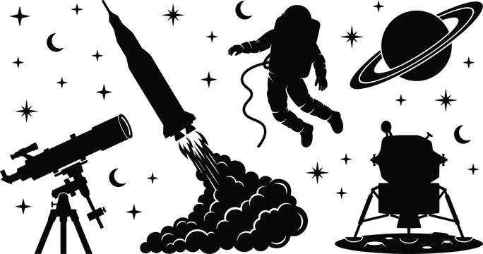 Space exploration icons set featuring black silhouettes of launching rocket astronaut telescope saturn planet lunar lander stars and crescent moons