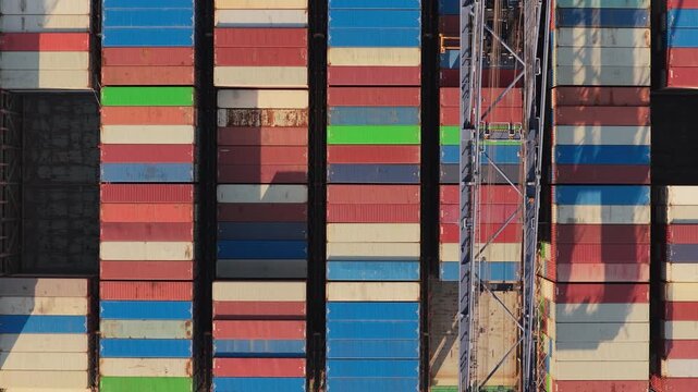 Aerial View of Shipping Containers at a Busy Industrial Port