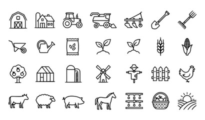 Minimal farm thin line vector icon set featuring tractors barns crops livestock and agriculture outline symbols isolated on white background © Jahangir