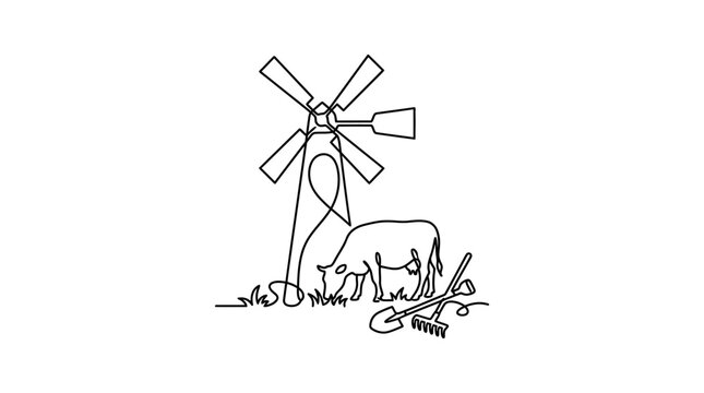 Continuous line drawing of a farm scene with a windmill and a cow.