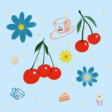 Abstract digital hand painting cherry, small cute items and random dots pattern on a blue background