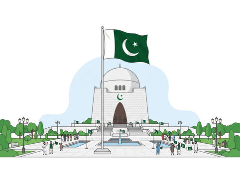 Happy group of diverse Pakistani people celebrating independence day with national flags and iconic landmarks like Minar-e-Pakistan and Faisal Mosque in a vibrant colorful flat digital vector illustra