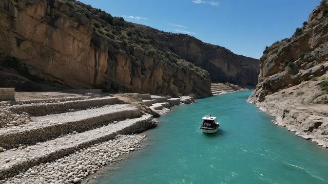a boat floating on turquoise water between lush canyon cliffs under a clear blue sky, rounded pebble deposits along elevated terraces documenting ancient river energy and transport history, bright ove