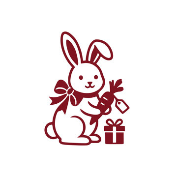 Festive Christmas bunny rabbit silhouette holding a ribbon tied carrot next to a holiday gift box outline vector graphic design element for winter season