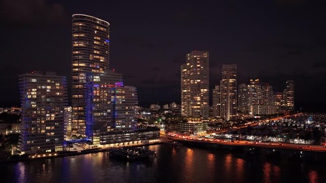 Miami south beach aerial view at night. Landscape Miami south beach, Florida. Aerial view on south pointe park. Landscape aerial Miami skyscraper architecture. Luxury skyscraper in evening Florida
