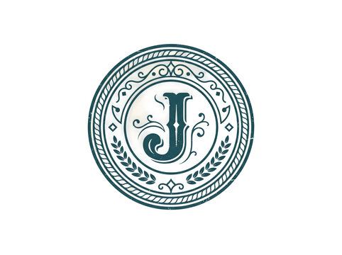 Elegant vintage circular monogram featuring a decorative letter J surrounded by intricate floral swirls and detailed rope border elements rendered in a classic dark teal color palette on transparent b
