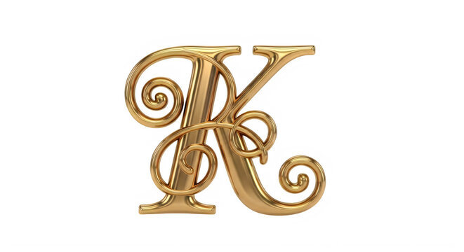 Golden ornate capital letter K with swirls and curls design element symbol transparent background