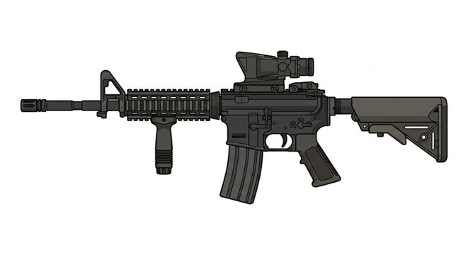 Military Assault Rifle with Vertical Grip and Sight Vector Illustration