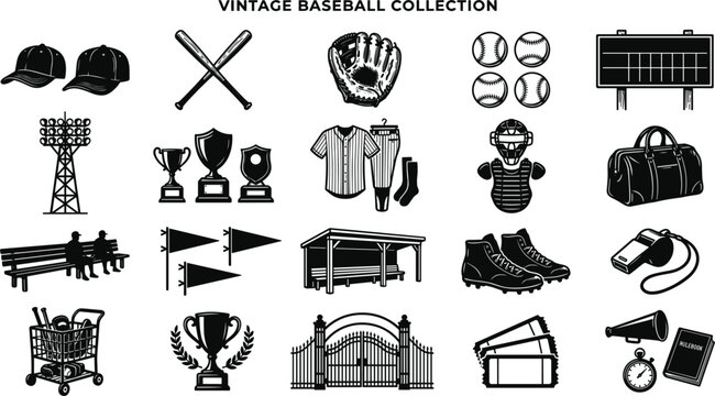 Vintage baseball icon collection featuring vector silhouettes of sports equipment bats gloves trophies uniform scoreboard dugout stadium lights and athletic gear.