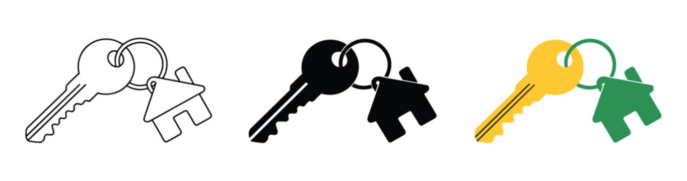 Set of Keys to New Home: A collection of three stylized keys, each attached to a house-shaped charm, symbolizing homeownership and new beginnings. One key is rendered as an outline.
